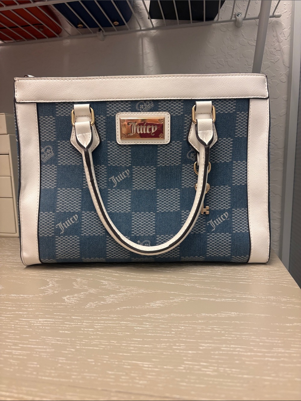 Juicy Couture Blue Checkered Tote with White Trim and Gold Plaque